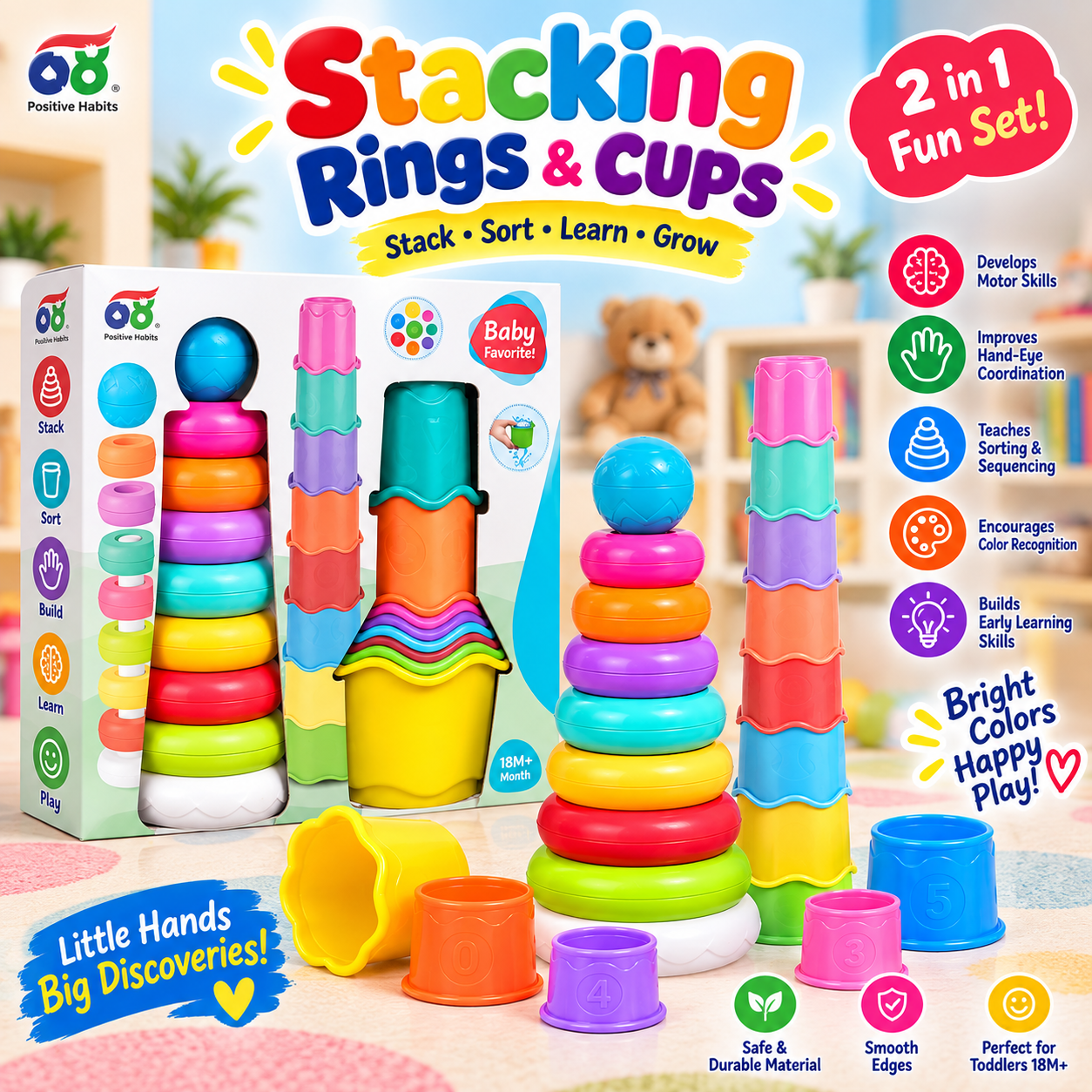 2in1 Colorful Stacking Rings and Cups Learning Toy