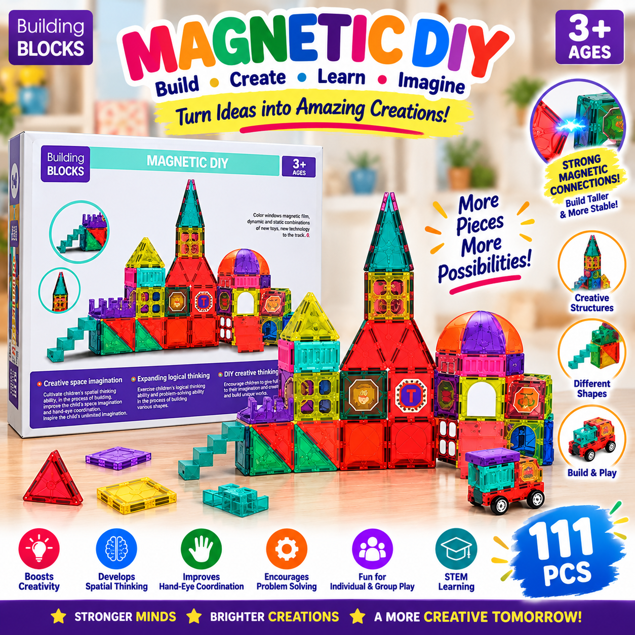 DIY Magnetic Tiles Building Blocks – 111 Pieces