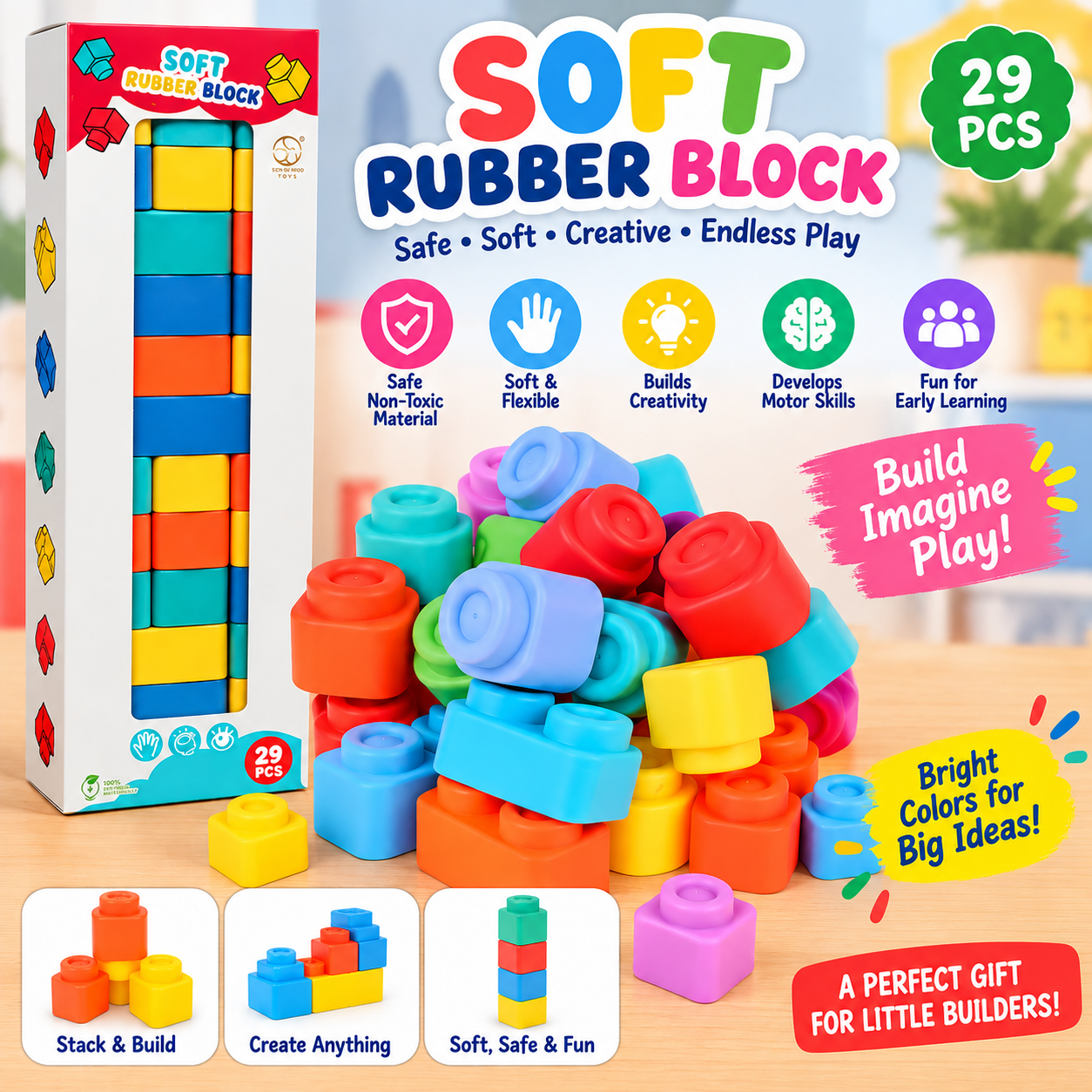 Soft Rubber Building Blocks – 29 Pieces