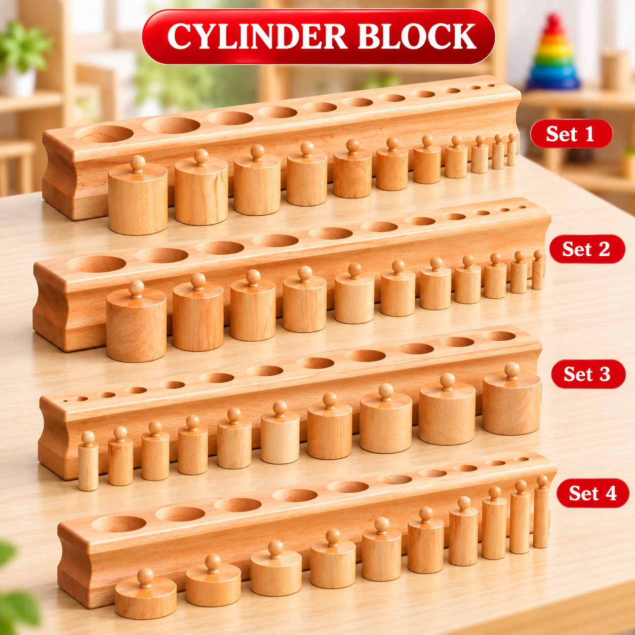 Montessori Knobbed Cylinder Blocks - Set of 4