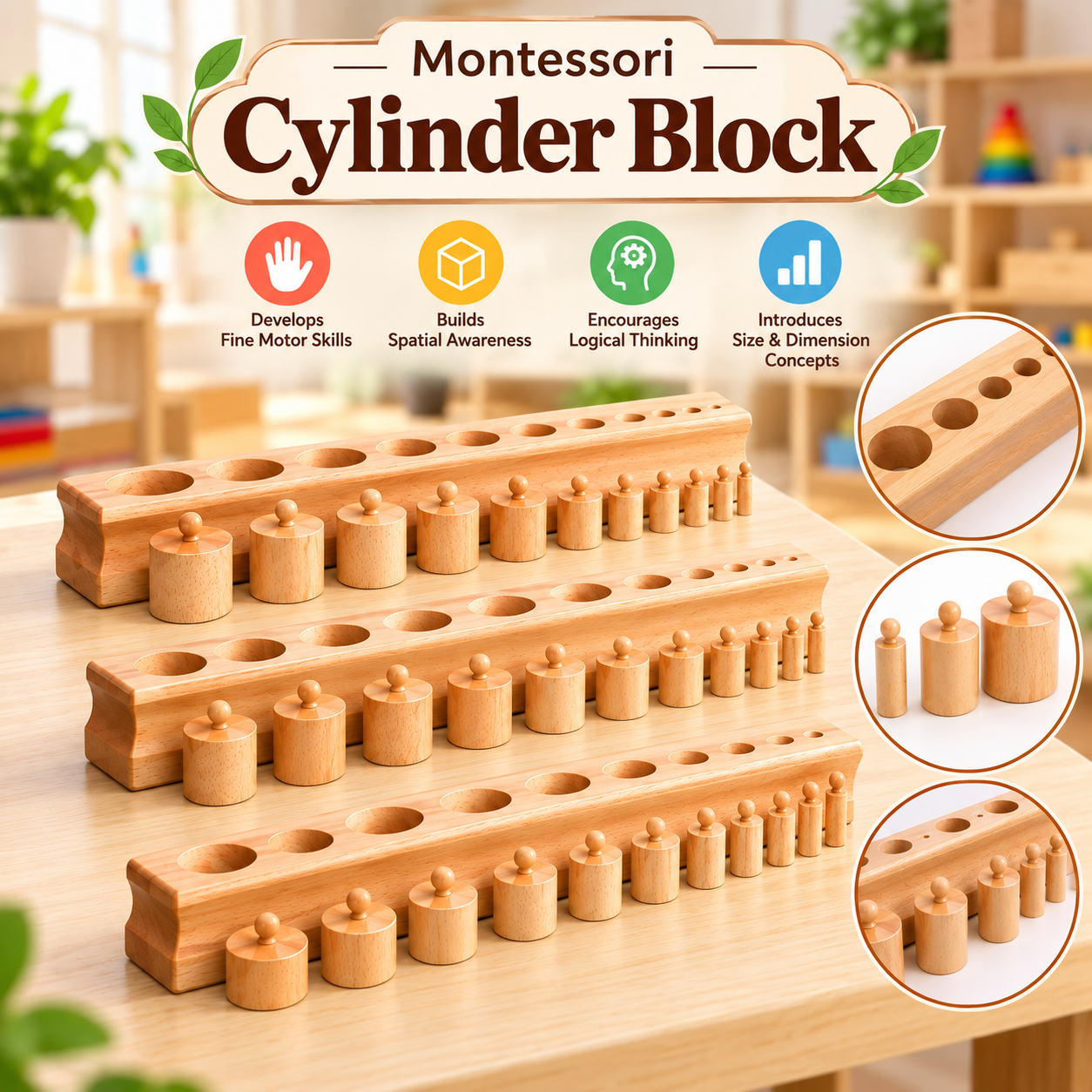 Montessori Knobbed Cylinder Blocks - Set of 4