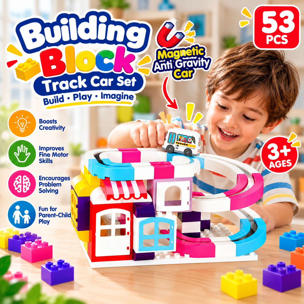 Magnetic Building Block Track Car Set 052 -  53 PCS