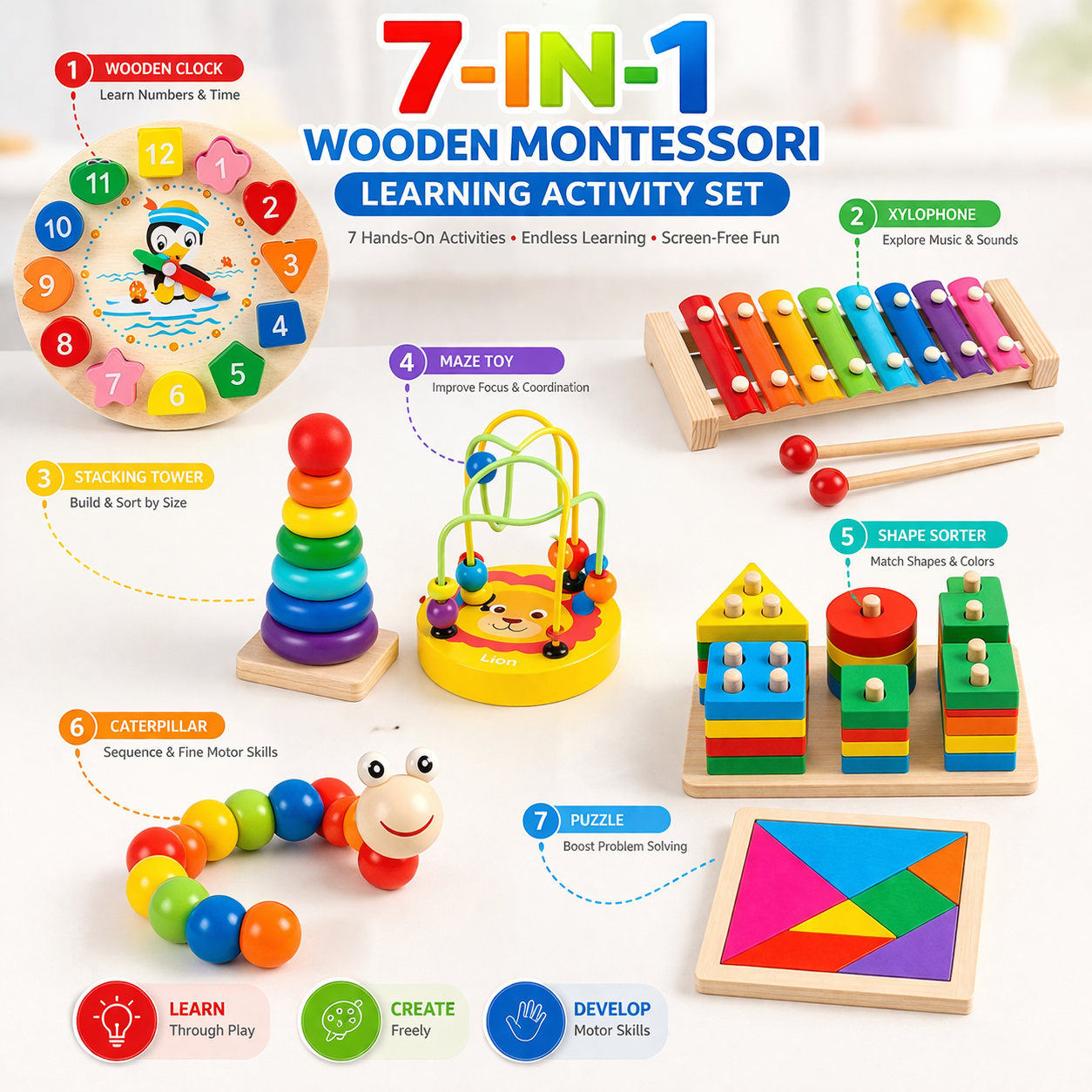 7-in-1 Wooden Montessori Learning Bundle Toy Set