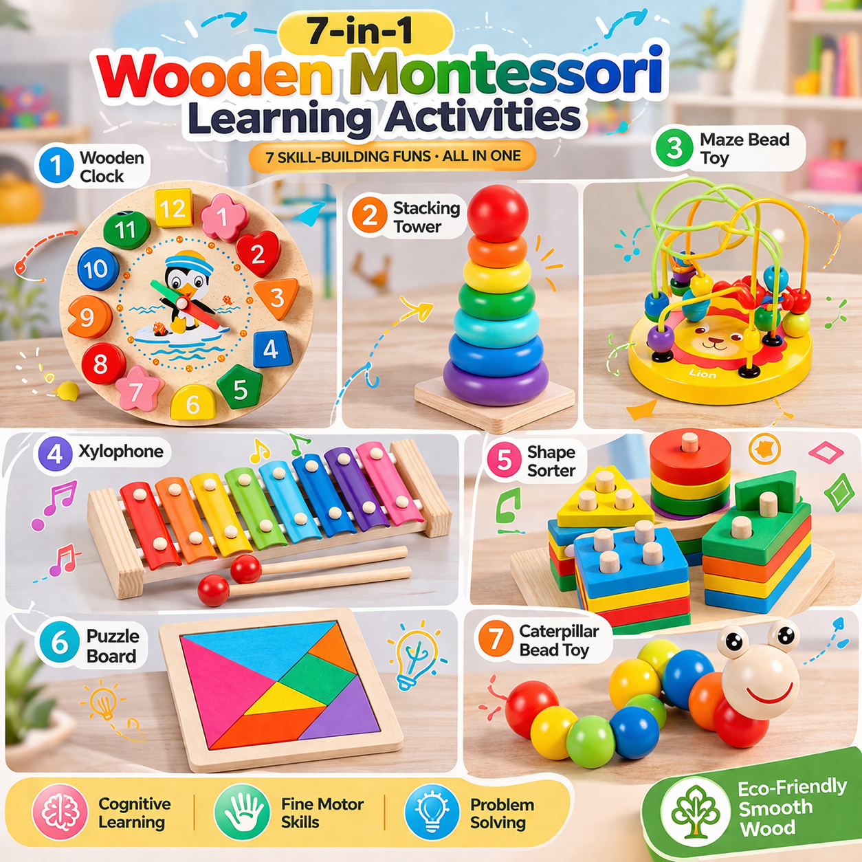 7-in-1 Wooden Montessori Learning Bundle Toy Set