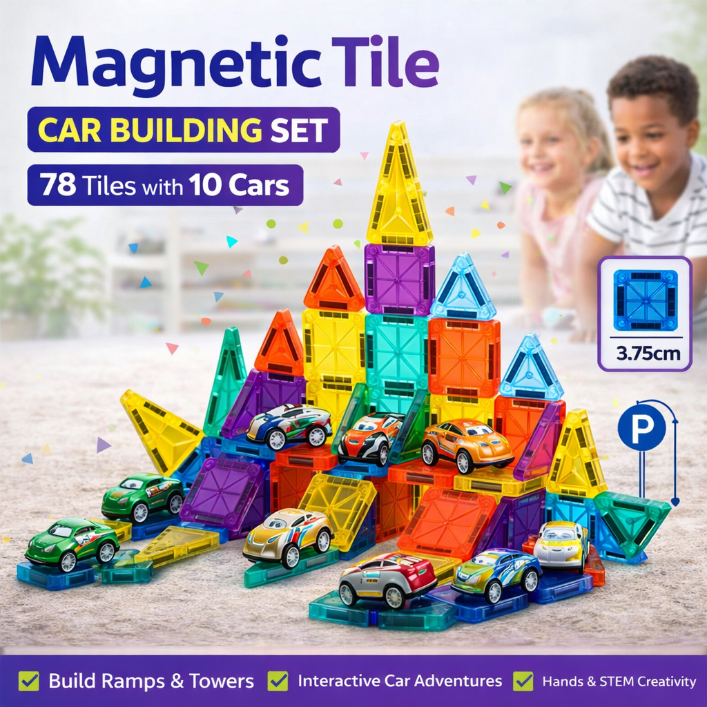 Magnetic Tile Car Building Set 78 Tiles with 10 Cars - 527