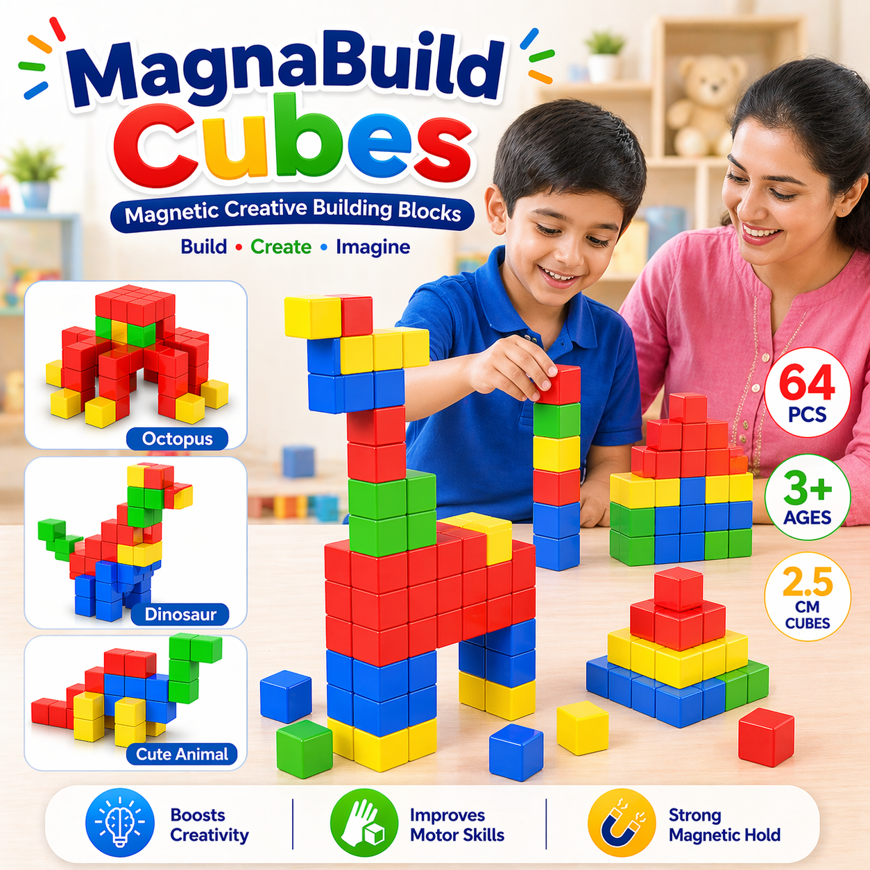 MagnaBuild Cubes – Colorful Magnetic Creative Building Blocks (32 / 64 PCS) 2.5x2.5cm cube - 610