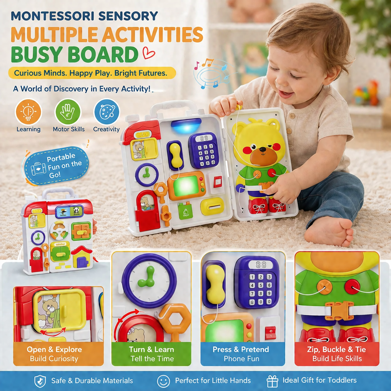 Montessori Sensory Multiple Activities Busy Board for Toddlers - 213