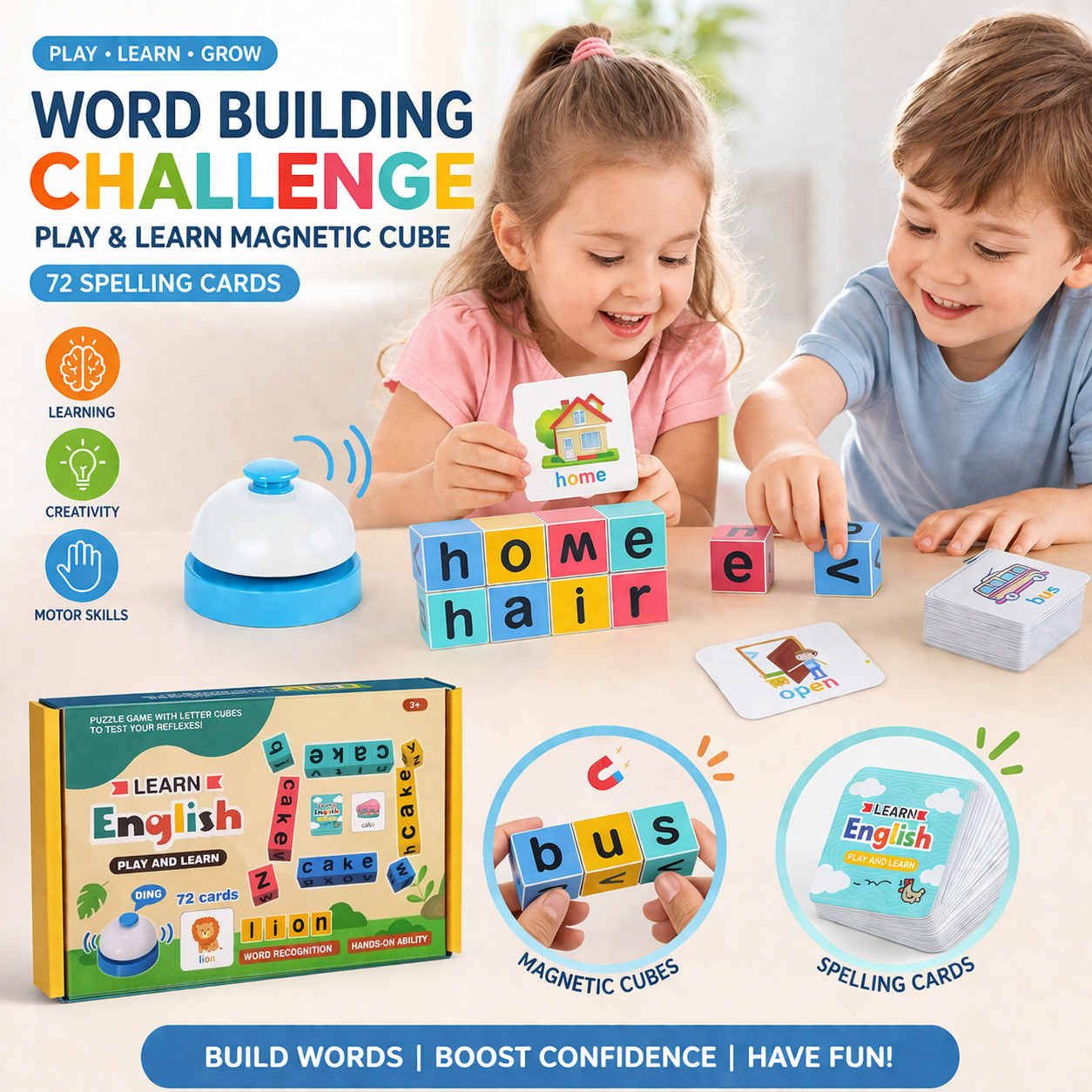 Word Building Challenge Play & Learn Magnetic Cube 72 Spelling Cards - 17A
