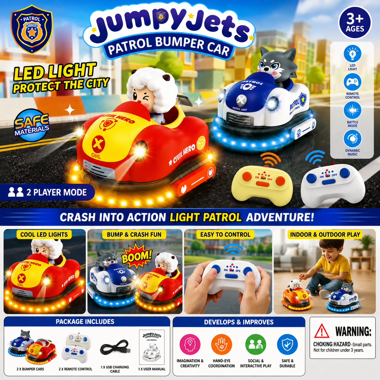 Jumpy Jets Patrol Bumper Car - 2 Player RC Battle Toy - 048