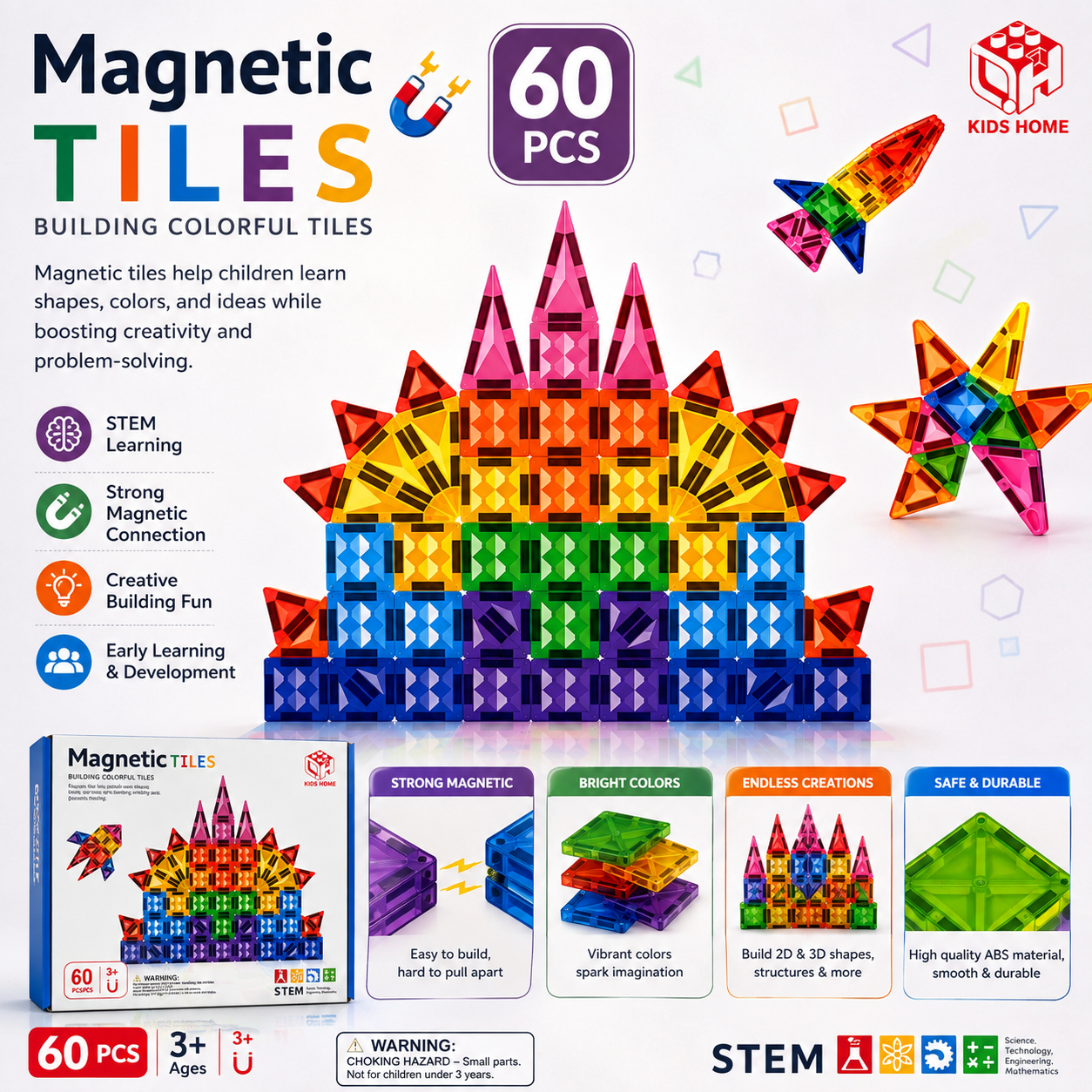 Magnetic Building Tiles STEM Set  60 Piece - M52