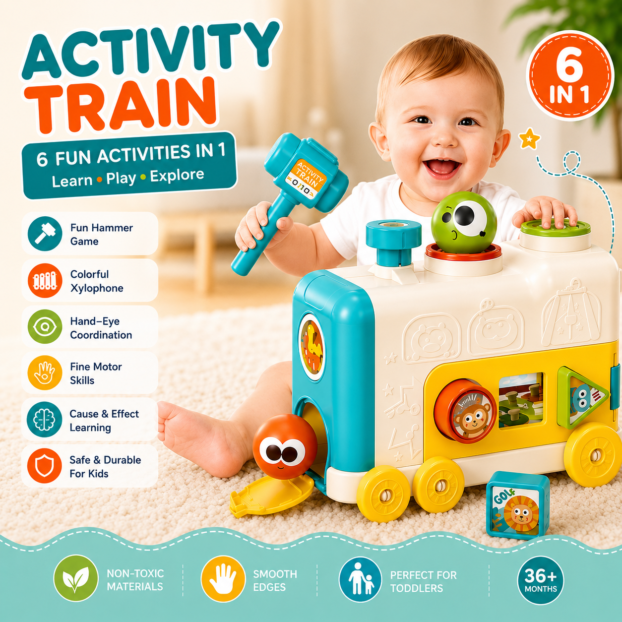 6in1 Activity Train Interactive Learning and Skill Development Toy