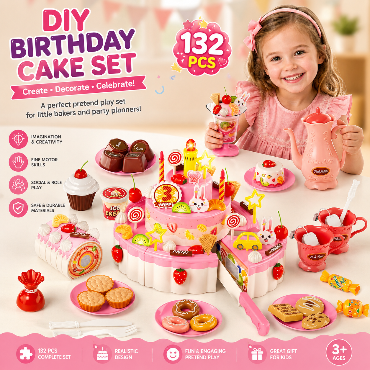 132 Pieces DIY Birthday Cake Pretend Play Set