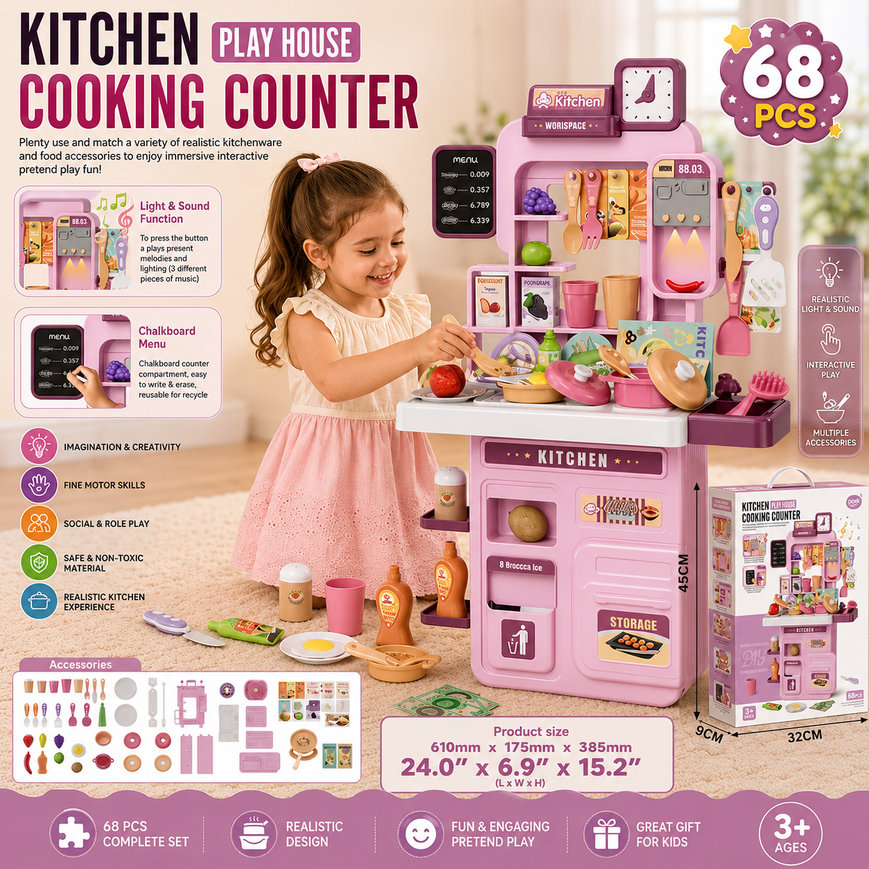 Kids Kitchen Play Set Interactive Cooking Counter and Pretend Play Kitchen