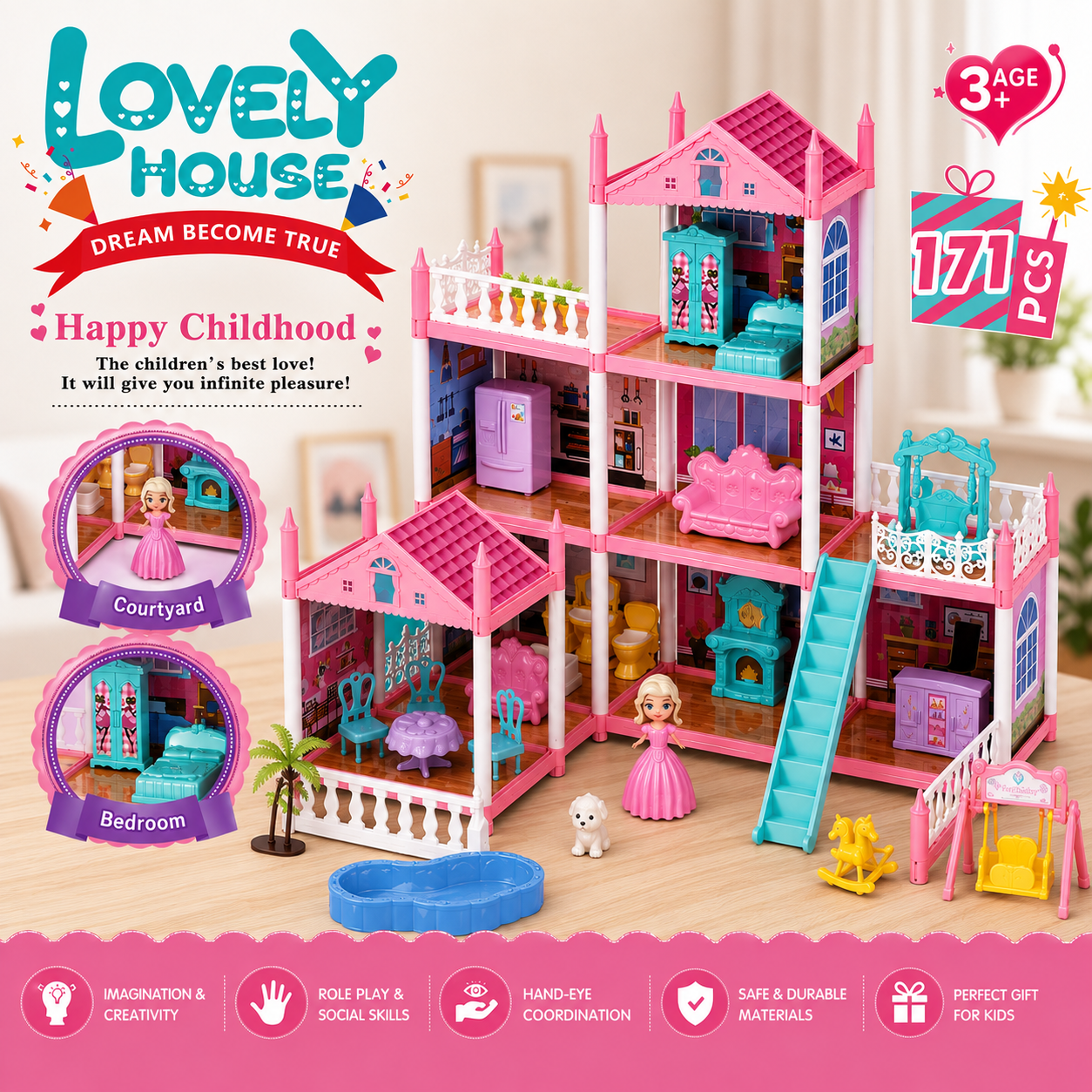 Dream Dollhouse Pretend Play House 171 Pieces - 03