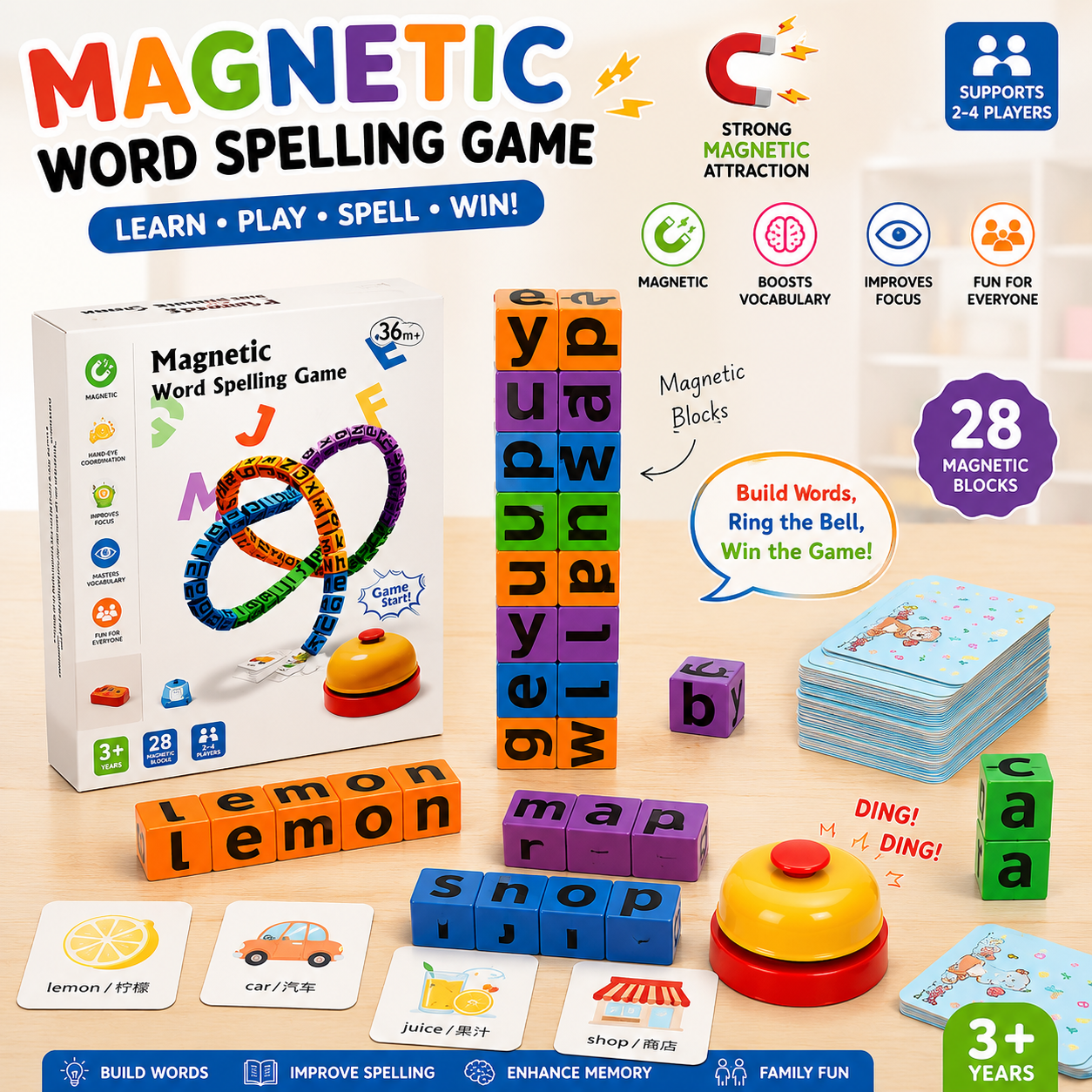 Magnetic Word Spelling Game 28pcs Cube - 2 to 4 Players