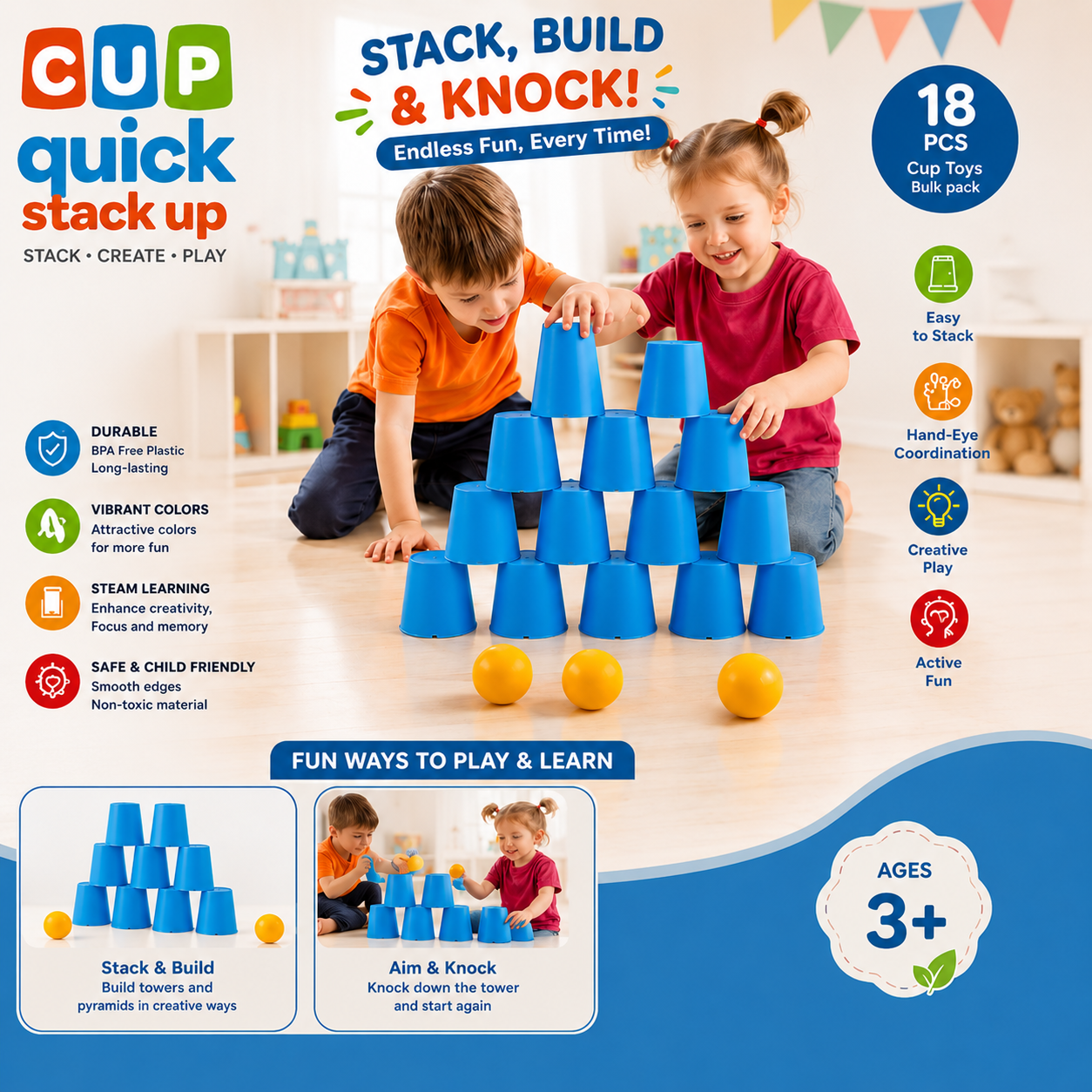 Cup Quick Stack Up Game 18 Pieces Speed Stacking Toy - 336