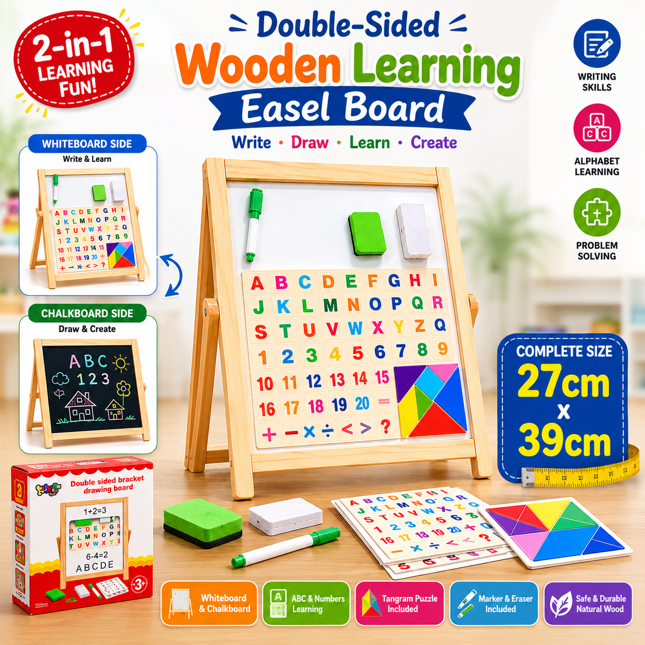 Double-Sided Wooden Learning Easel Board 27cm x 39cm