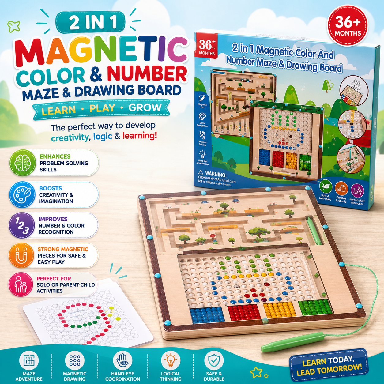 Wooden 2in1 Magnetic Color and Number Maze Board - 812