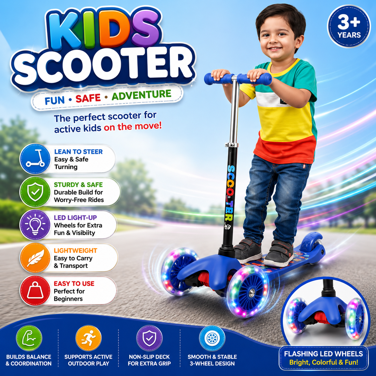 Without Box Kick Scooters with LED Light-Up Wheels Adjustable Height for Kids