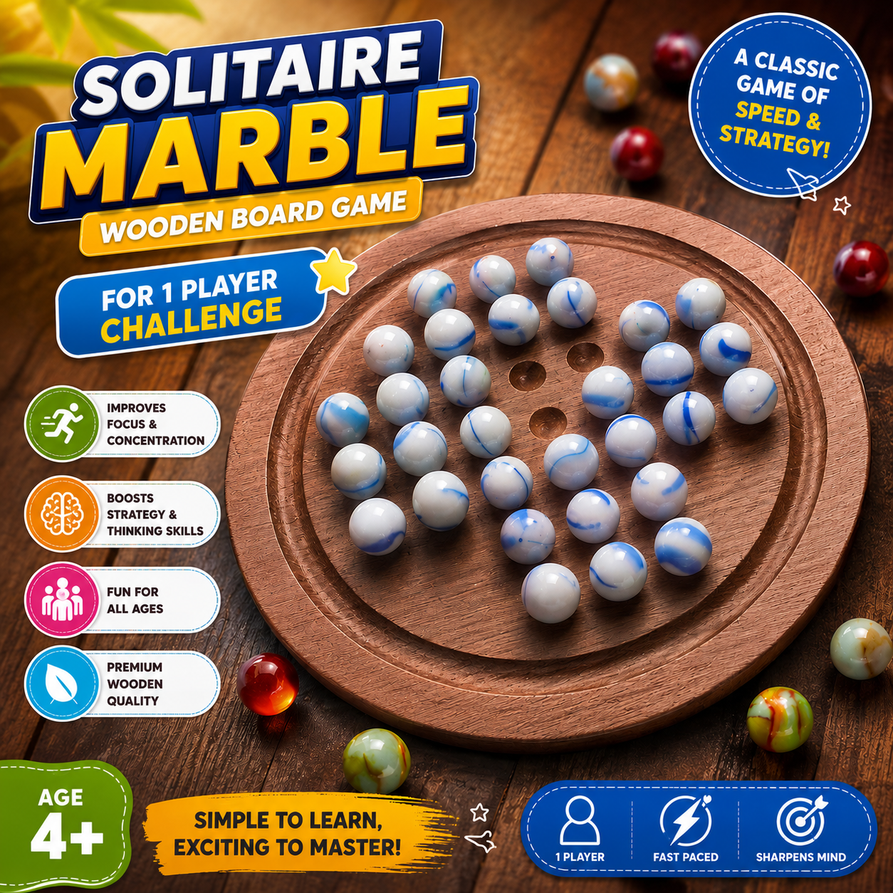 Solitaire Wooden Game with Marble Ball - 014