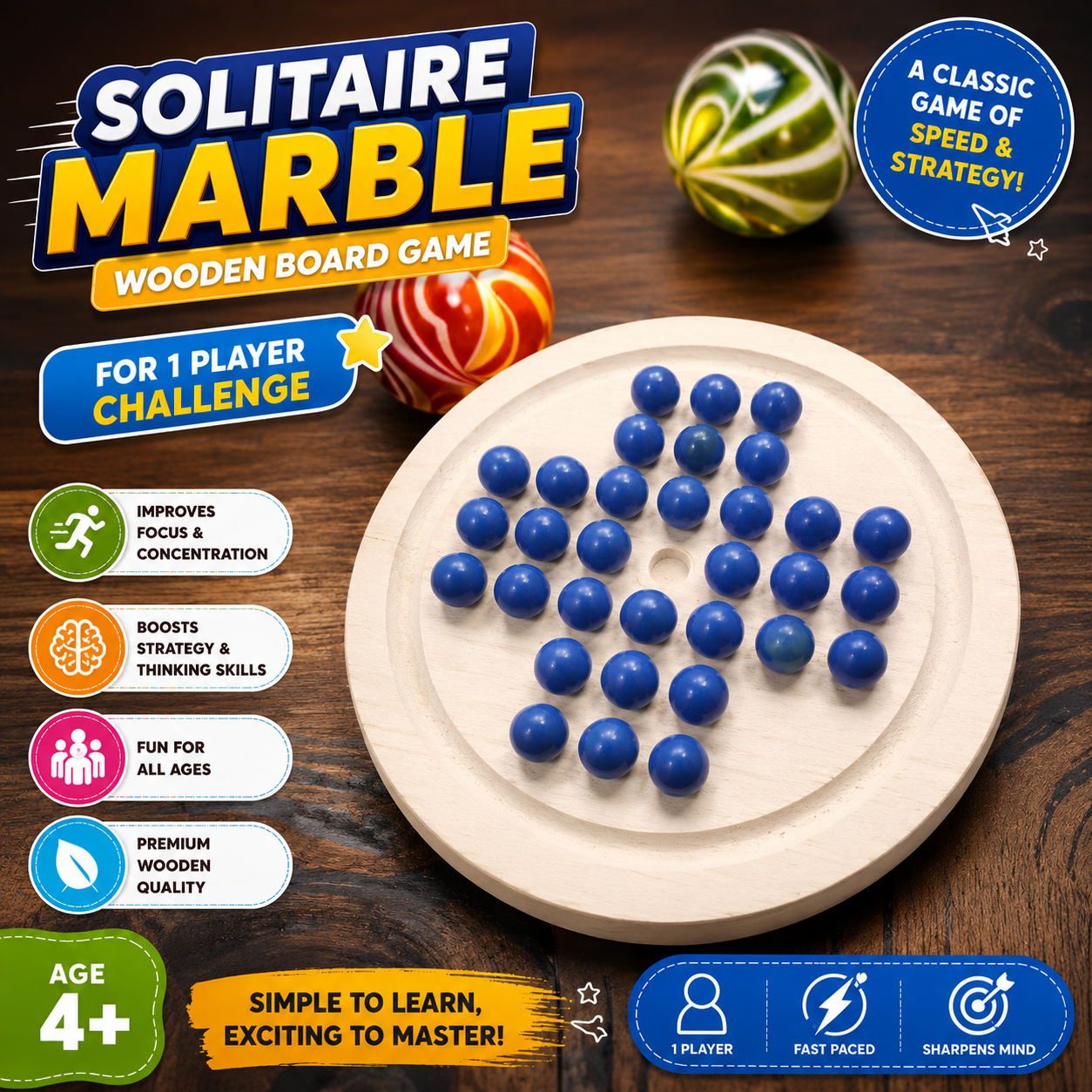 Solitaire Wooden Game with Marble Ball - 014