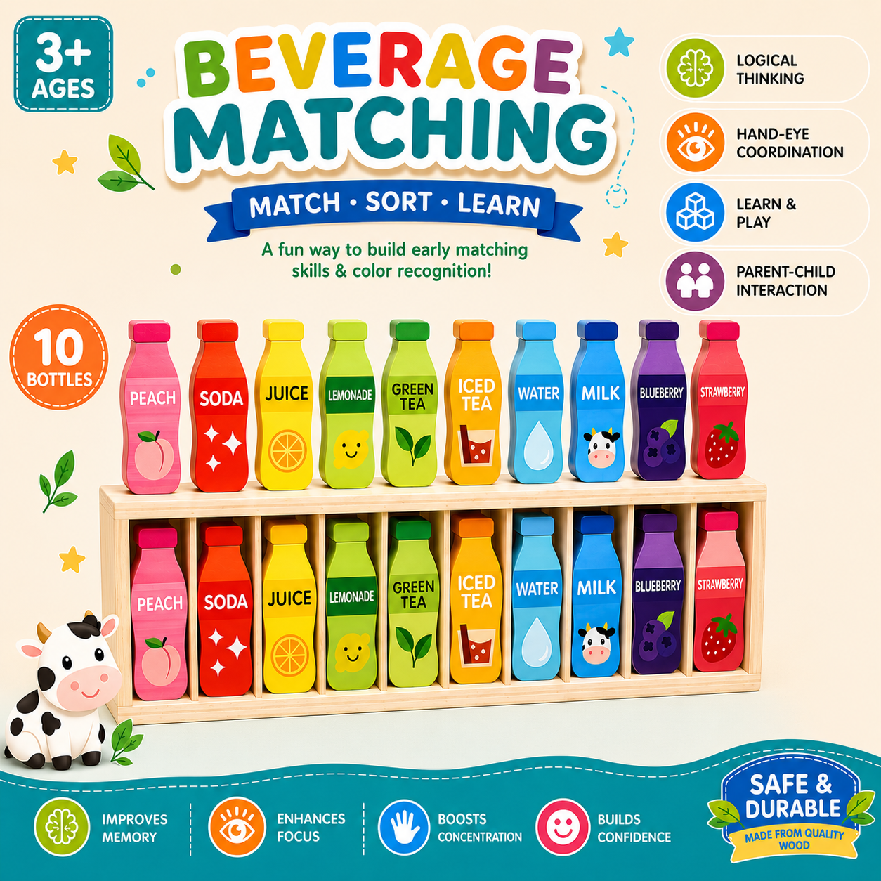 Wooden Bottle Color Sorting Mind TeaserToy for Kids - 854
