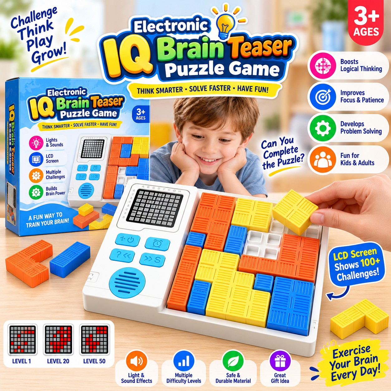 Electronic IQ Brain Teaser Puzzle Game for Kids and Adults with LCD Screen with 500 challenges