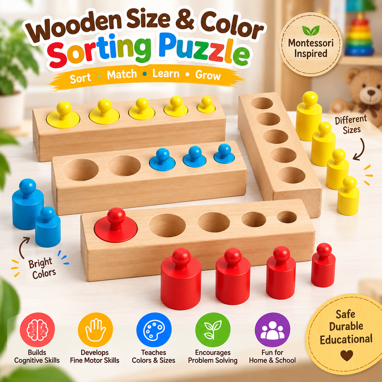 Wooden Size and Color Sorting Montessori Cylinder Blocks