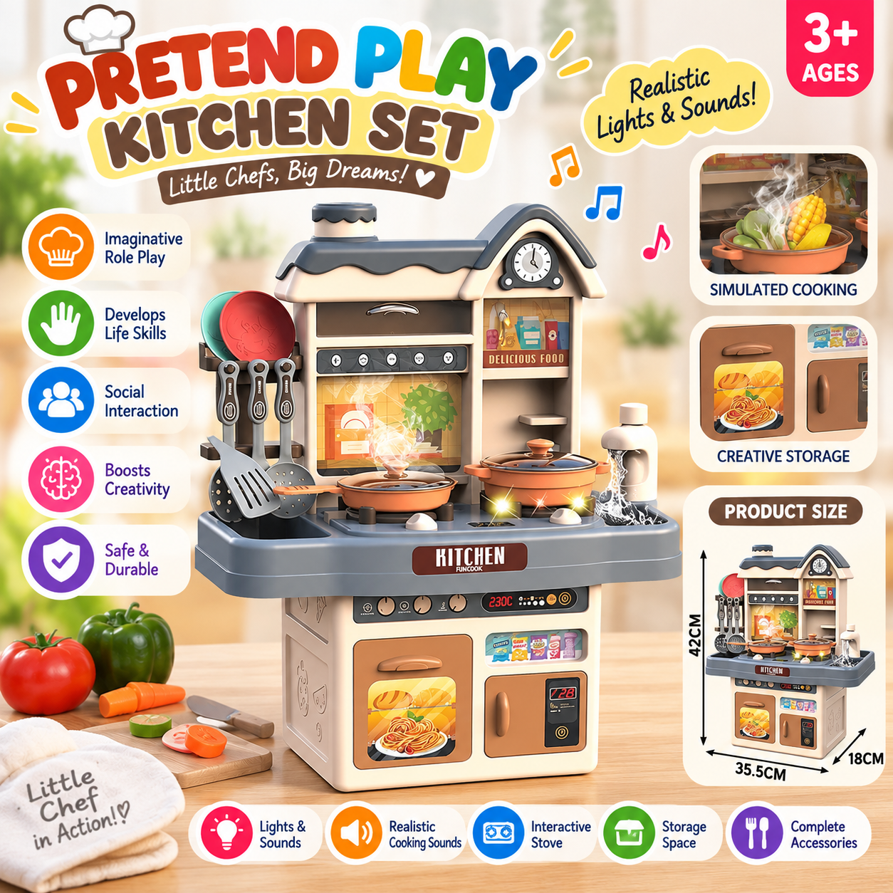 Interactive Pretend Play Kitchen Set for Kids with Lights and Sounds 8113