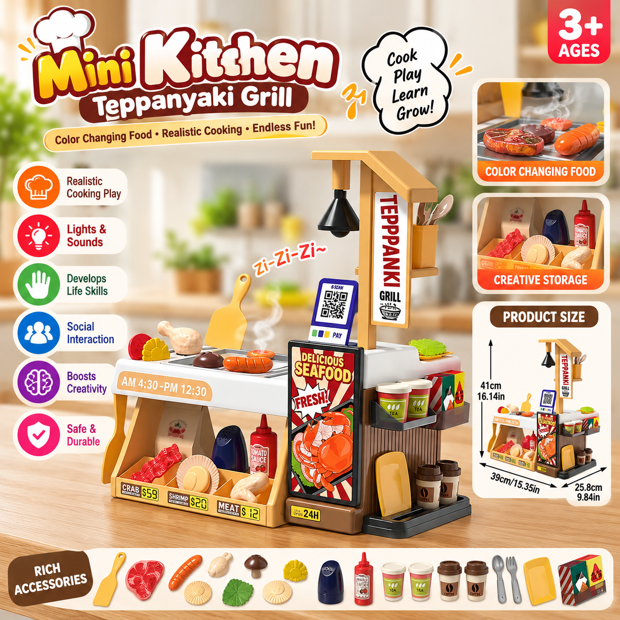 Mini Kitchen Teppanyaki Grill and Seafood Cooking 44 Pcs Pretend Play Set