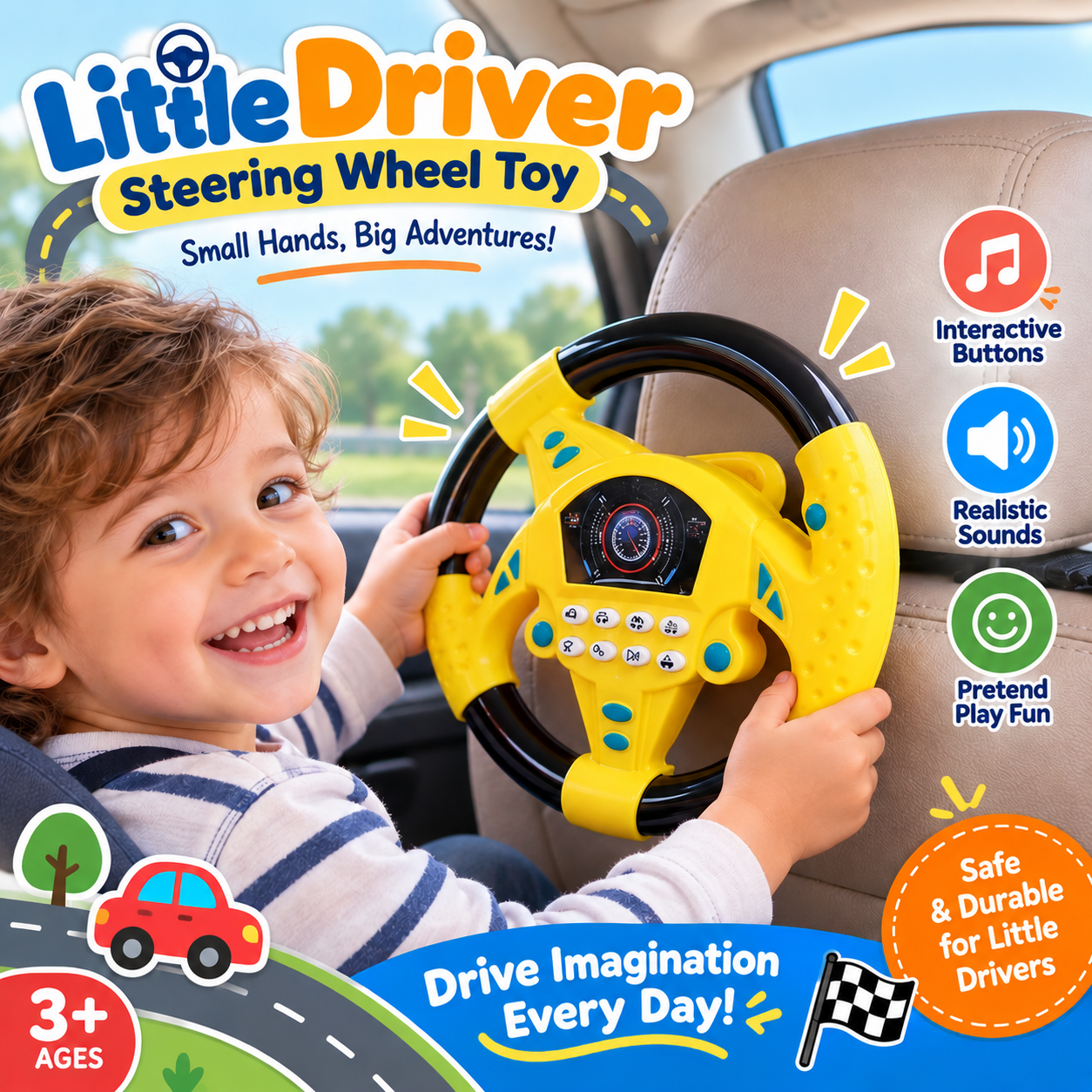 Kids Steering Wheel Toy with Lights and Sounds 360° Rotating Simulated Driving Random Color