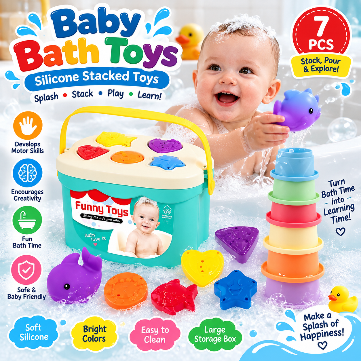 2in1 Silicone Stacking and Shape Sorting Floating Bath Toy - 933