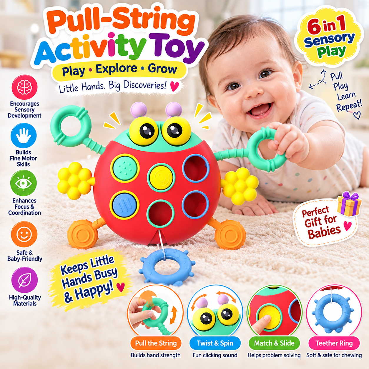 Cute Ladybug Pull-String Sensory Activity Rattle Toy - 368