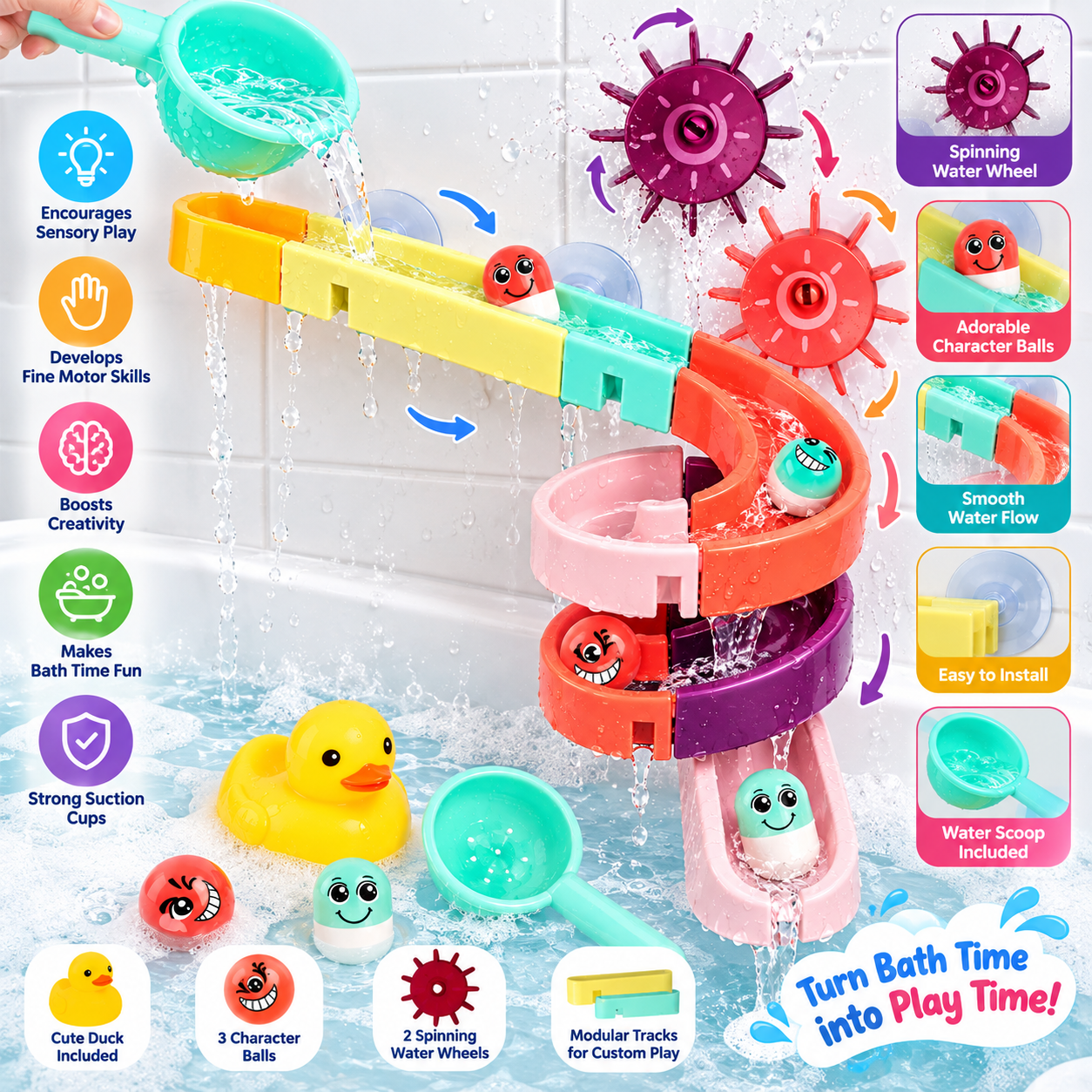 DIY Bath Time Waterfall Marble Run Track Playset - 24 pieces