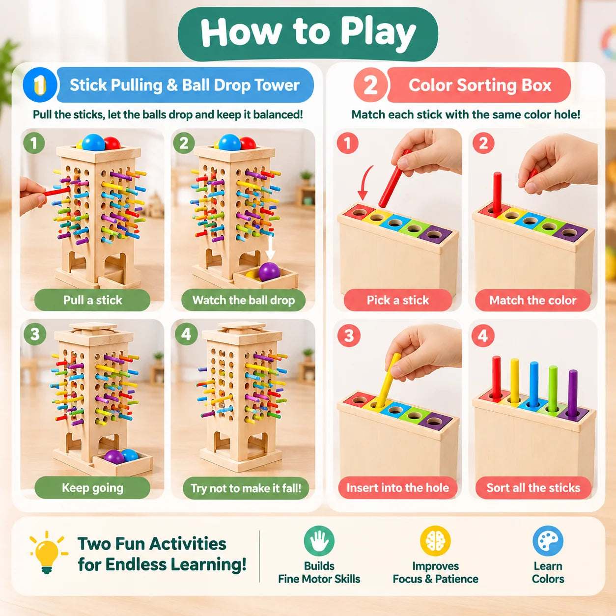 Wooden 3in1 Stick Pulling, Ball Drop and Color Sorting Activity Tower