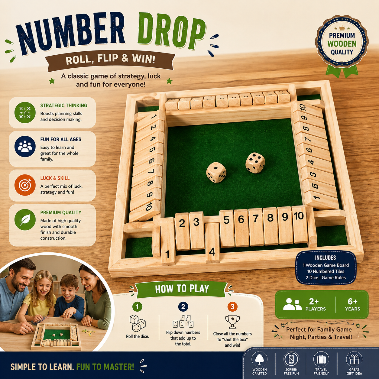 Colorful Wooden Dice Number Game for Family - 748