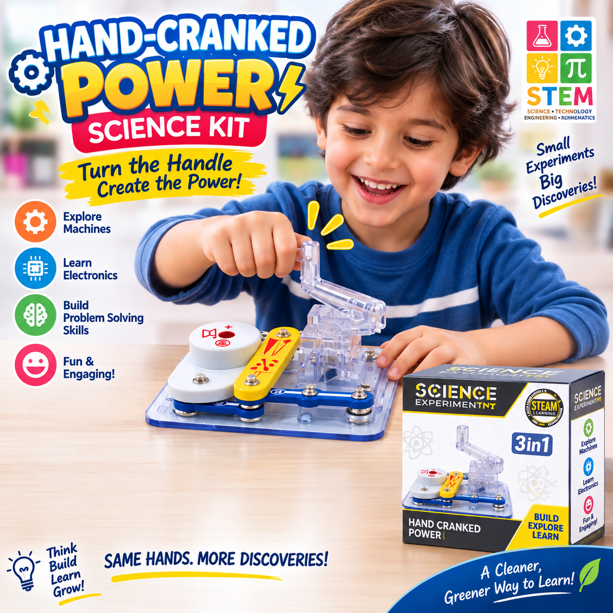 3-in-1 Hand-Cranked Electronic Power Science Kit STEM Electricity Learning Toy for Kids - 410