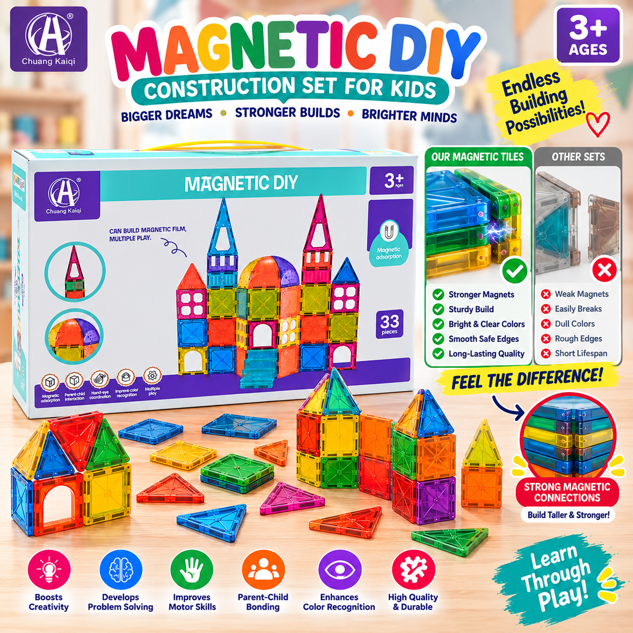 DIY Creative Magnetic Tiles Construction Blocks Set - 33 pieces