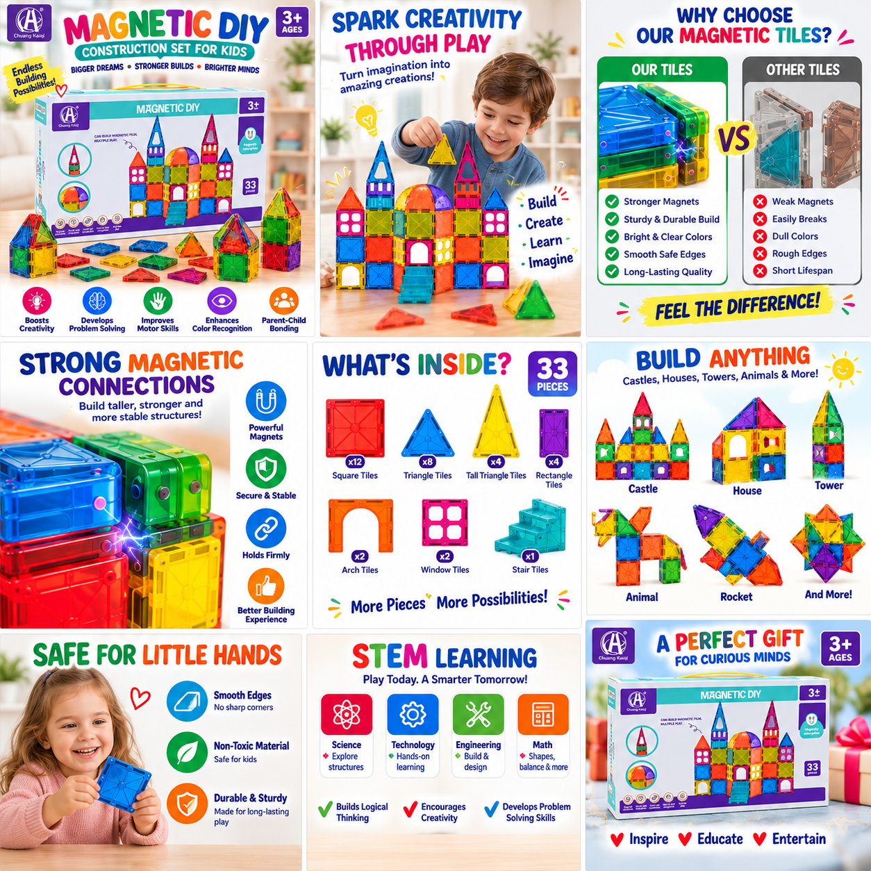 DIY Creative Magnetic Tiles Construction Blocks Set - 33 pieces