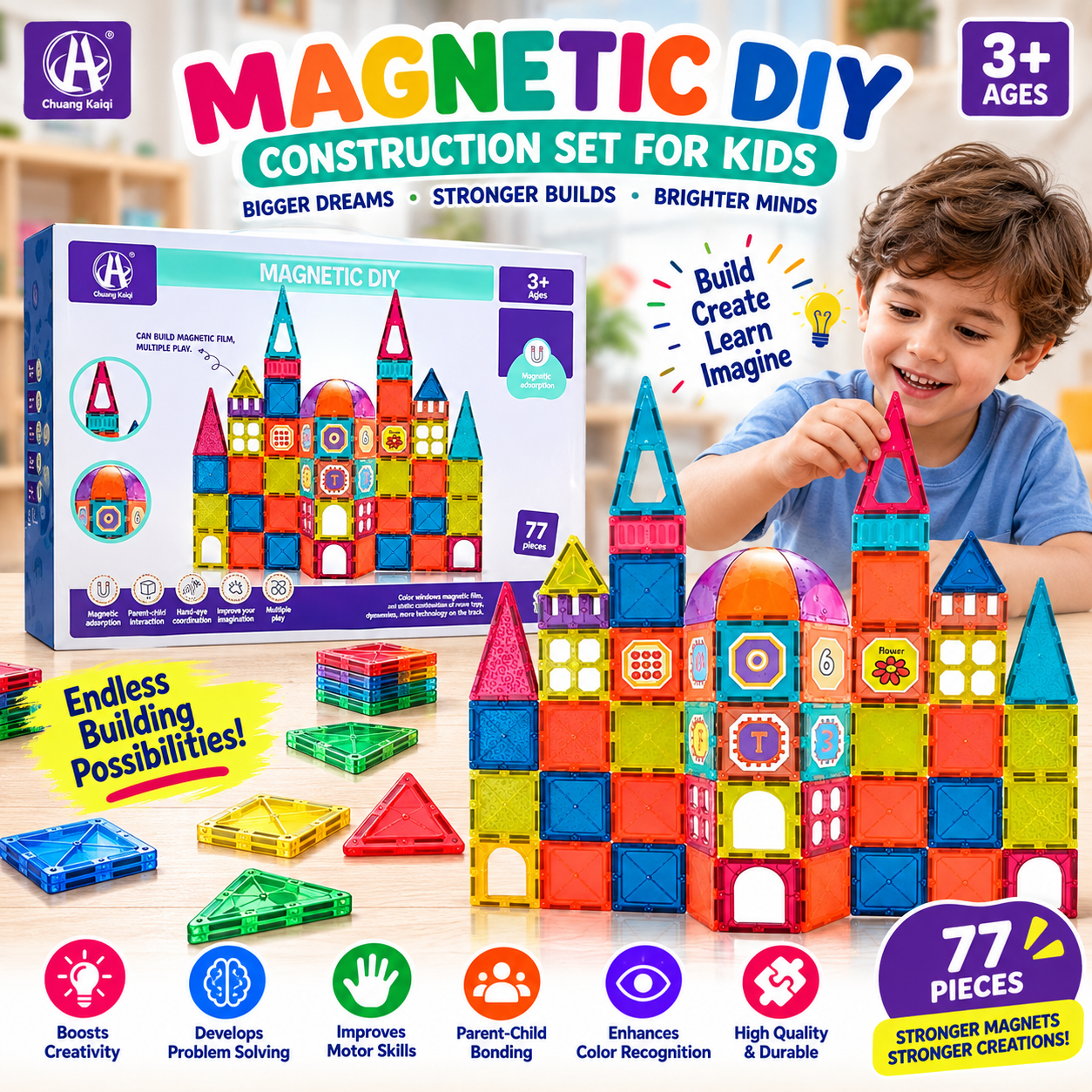 DIY Magnetic Tiles Construction Blocks Set - 77 pieces