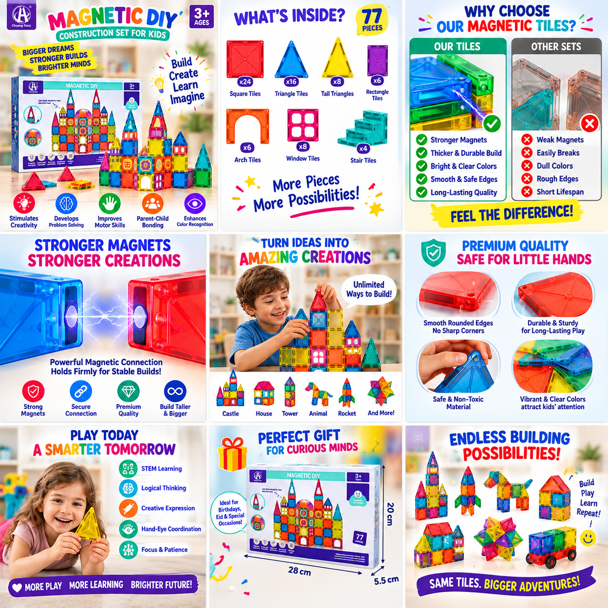 DIY Magnetic Tiles Construction Blocks Set - 77 pieces