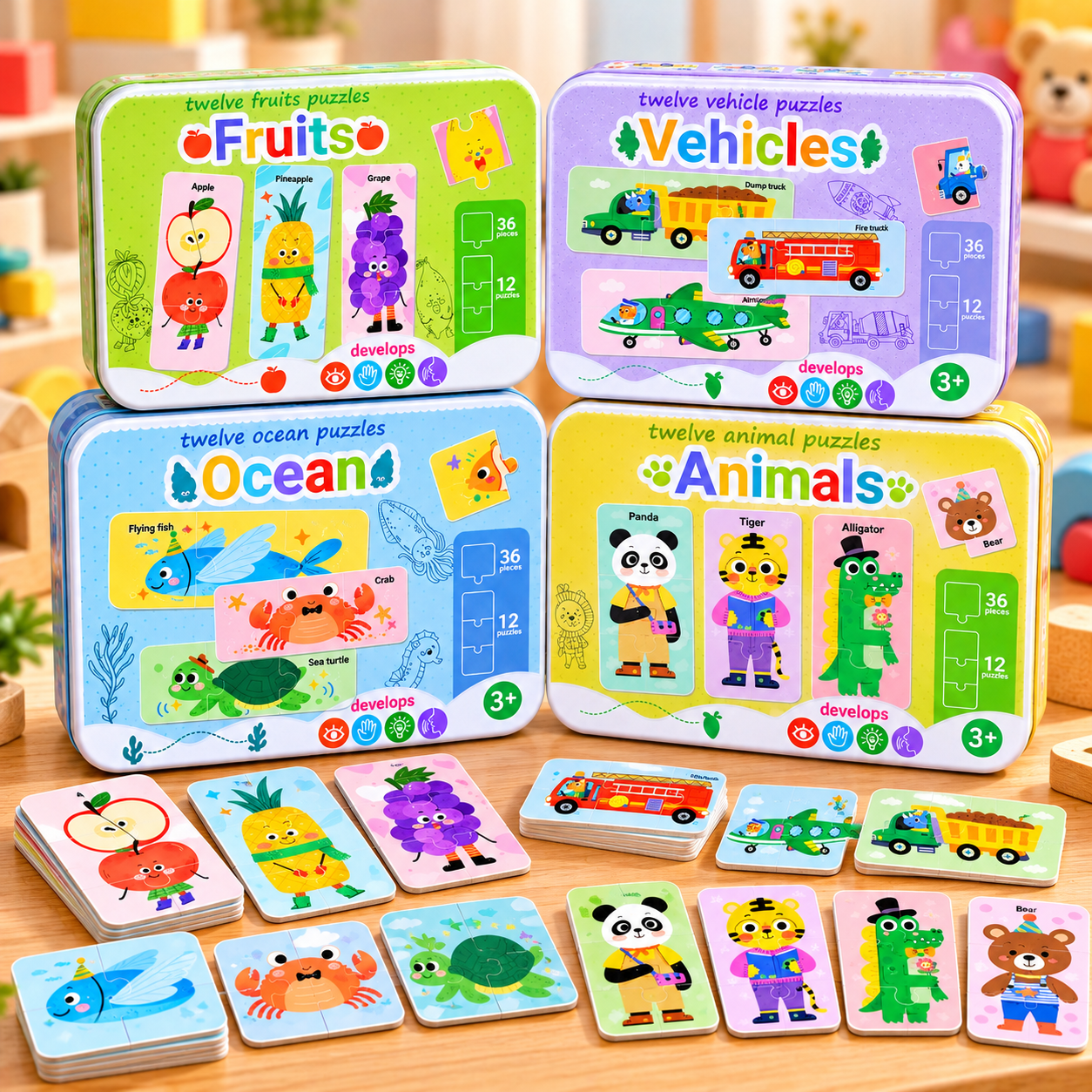 Jigsaw Puzzle Set 12 Puzzles Animals, Fruits, Vehicles, Vegetables and Ocean