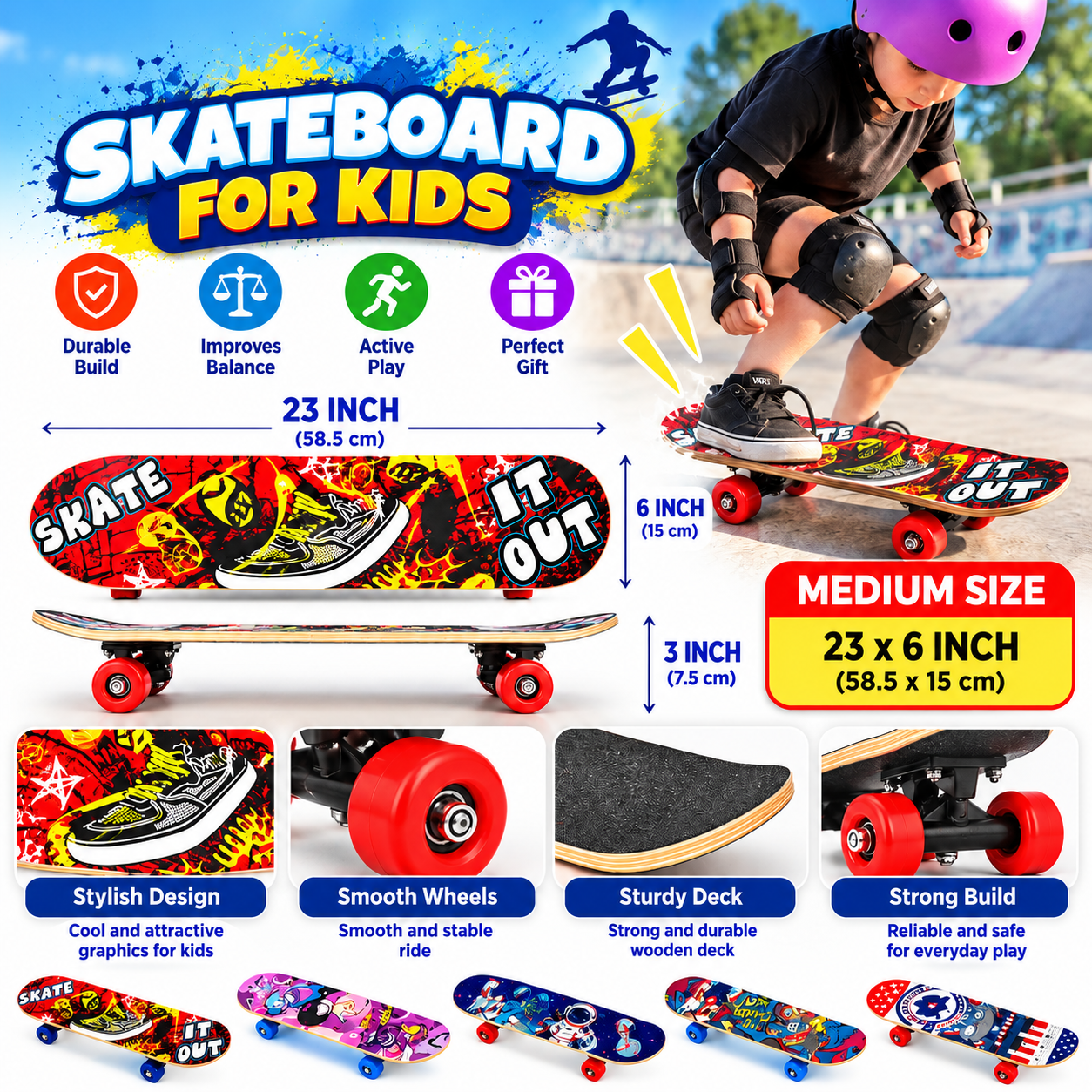 Skateboard for Kids Colorful Designs, Smooth Wheels and Outdoor Fun