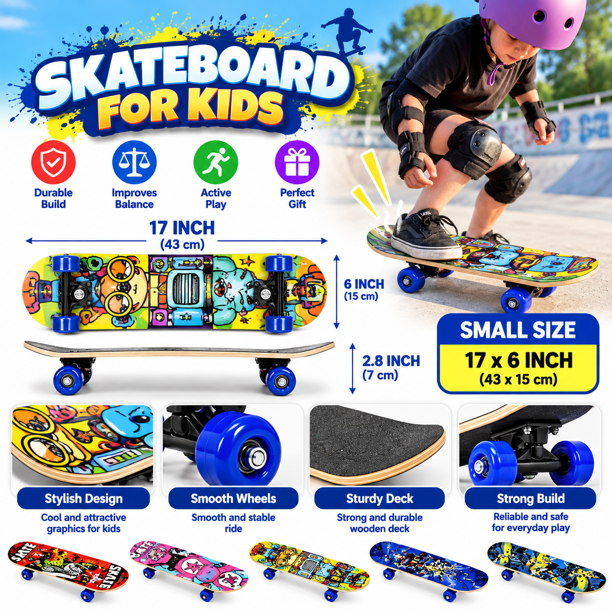 Skateboard for Kids Colorful Designs, Smooth Wheels and Outdoor Fun