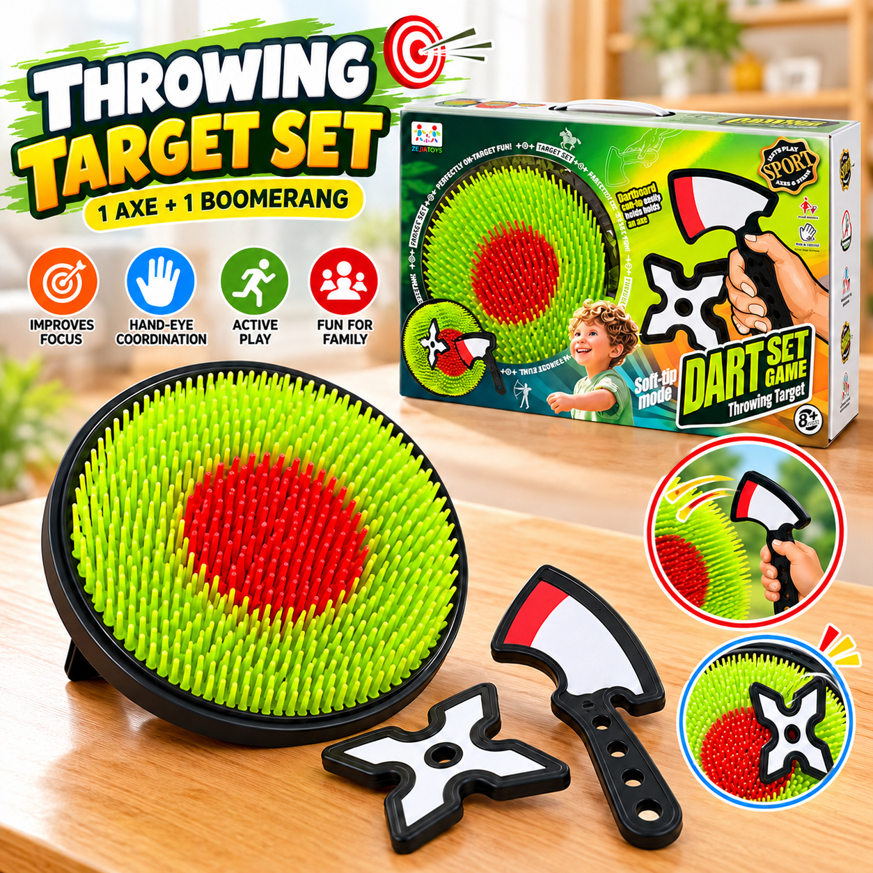 Kids Throwing Target Game Set with Soft Axe and Boomerang Indoor Outdoor Aim and Toss Toy 9949