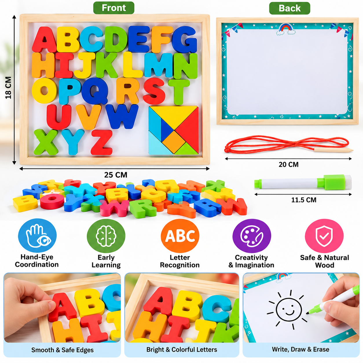 3in1 Wooden Alphabet Matching Board with Whiteboard and Tangram Puzzle