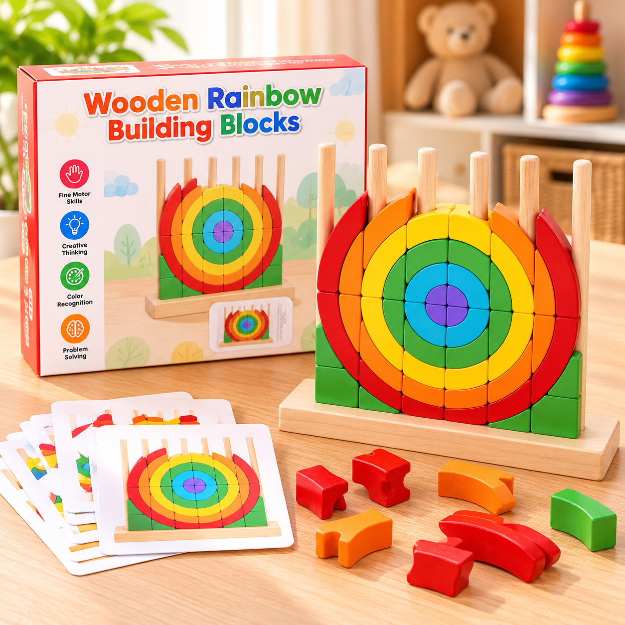 Wooden Rainbow Pattern Building Blocks – Montessori Educational Toy