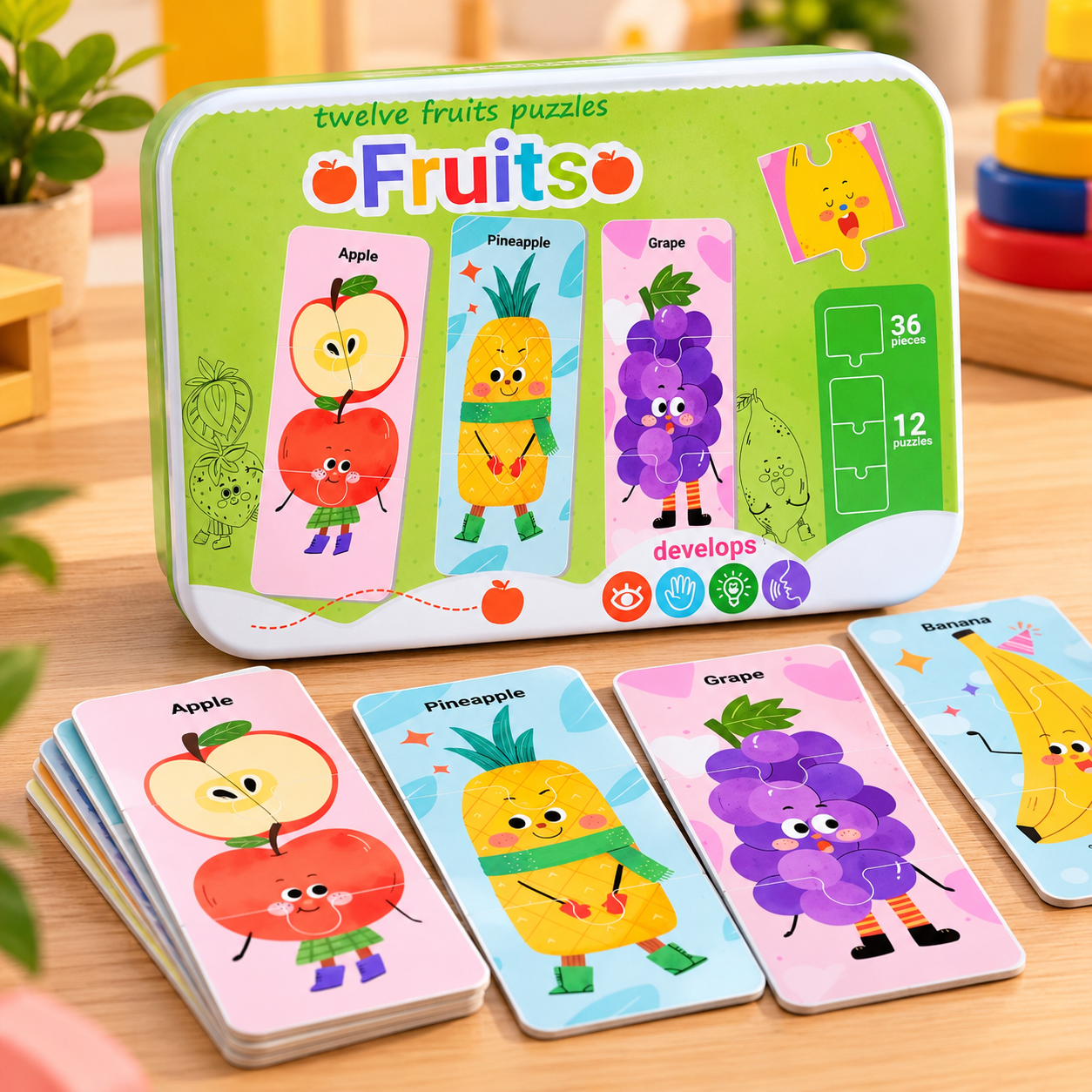 Jigsaw Puzzle Set 12 Puzzles Animals, Fruits, Vehicles, Vegetables and Ocean