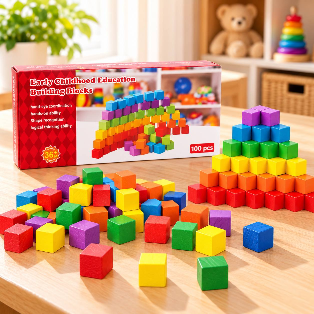 Early Childhood Colorful Wooden Blocks 100pcs Cube