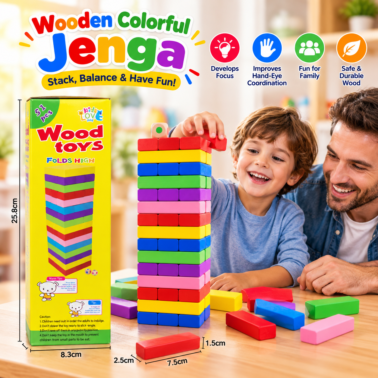 Wooden Colorful Jenga Stacking Tower Family Game - 48 pieces